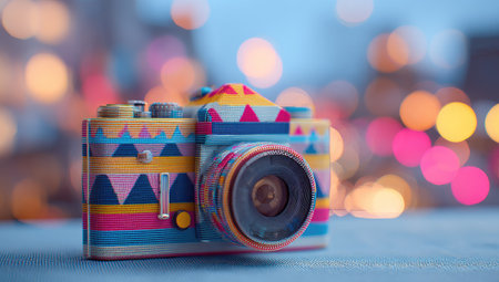 A close-up view presents a patterned camera resting on a wooden surface. The camera displays a vibrant array of colors and geometric shapes. A blurred bokeh backdrop provides an ambient lighting. This image is suitable for various commercial uses, including advertising and website design.の素材