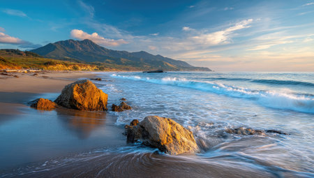 This image showcases a coastal view featuring rocks in the foreground, with waves gently rolling onto the shore. A mountain range is visible in the background under a blue sky. The composition emphasizes natural elements and offers a serene atmosphere. Suitable for a range of commercial applications including travel and environmental themes.の素材