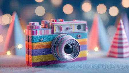 A vibrant paper camera is the focal point, featuring a multi-colored striped design. The composition includes blurred bokeh lights and triangular paper decorations, creating a whimsical environment. The lighting suggests a studio setup, with potential uses in creative projects or visual storytelling. The image could be suitable for various editorial and commercial uses.の素材