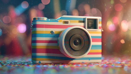 A close-up image showcases a vintage-style camera featuring a vibrant striped pattern in various colors. The composition includes a blurred background with bokeh effects. This image could be used for advertising campaigns, design projects, or editorial content related to photography and creativity. It evokes a sense of nostalgia.の素材