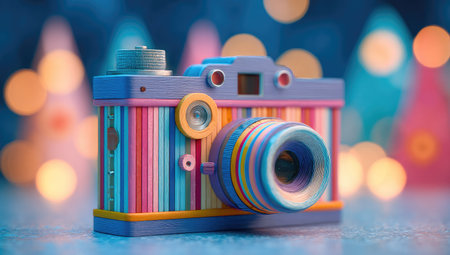 A vibrant toy camera, composed of vertical colorful stripes, is the central focus. The camera features a lens and a top dial, all rendered in cheerful tones. The background showcases blurred bokeh lights, hinting at a celebratory setting. Suitable for various creative projects and design applications.の素材