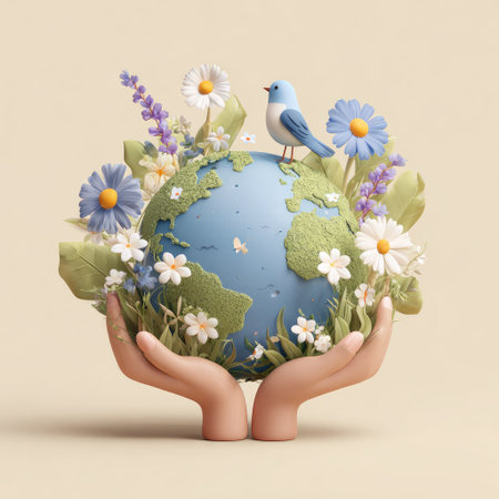 A stylized illustration depicts a globe held gently by two hands, adorned with flowers and a perched bird. The composition features a soft, pastel color palette with detailed textures. The image suggests environmental awareness and can be used for various projects related to ecology and sustainability.の素材