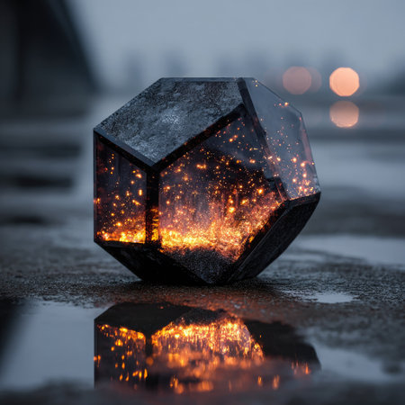 A close-up view displays a dark geometric crystal object with an illuminated interior, reflecting on a wet surface. The image features a cool color palette with orange internal light, soft focus, and ambient lighting. This visual can be suitable for various commercial applications and creative projects.の素材