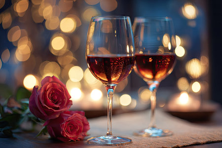 Two wine glasses filled with red wine stand prominently, accompanied by vibrant red roses. The composition features a shallow depth of field, with soft bokeh lights creating a warm ambiance. The image suggests a romantic setting, suitable for various editorial and commercial applications. The scene evokes a feeling of celebration and intimacy.の素材