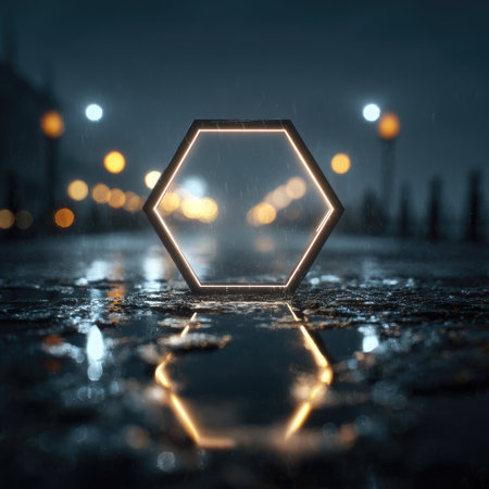 A geometric hexagon illuminates in a dark environment with a reflective surface. The scene features bokeh lights and a moody atmosphere, suggesting a nighttime setting. This image could be used for various commercial projects, including graphic design, advertising campaigns, and website visuals, for an artistic look.の素材