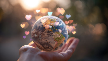 A hand gently cradles a detailed Earth globe, surrounded by a soft bokeh of heart-shaped lights. The image showcases a natural outdoor setting, enhanced by sunlight. Ideal for illustrating themes related to environmental protection, global unity, and concepts of care. Suitable for various editorial and commercial applications.の素材