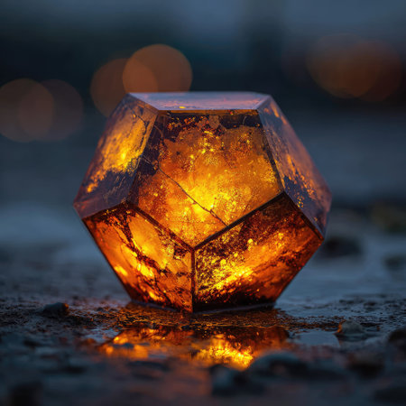 A close-up captures a faceted, crystalline structure emanating warm light. The object's interior glows with golden hues, contrasting with the darker, textured surfaces around it. The background features soft, blurred bokeh, hinting at an outdoor setting. This image is suitable for various commercial purposes, including illustrative and design applications.の素材