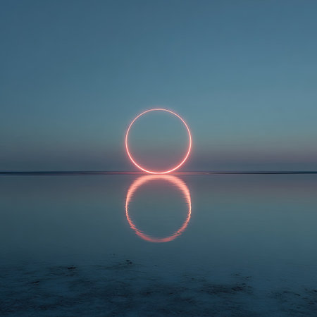 An illuminated circle floats above a body of water, reflecting symmetrically. The artwork utilizes vibrant orange against a gradient of blue hues. The composition features a clean, minimal style with a focus on symmetry and balance, possibly suitable for conceptual designs or creative projects.の素材
