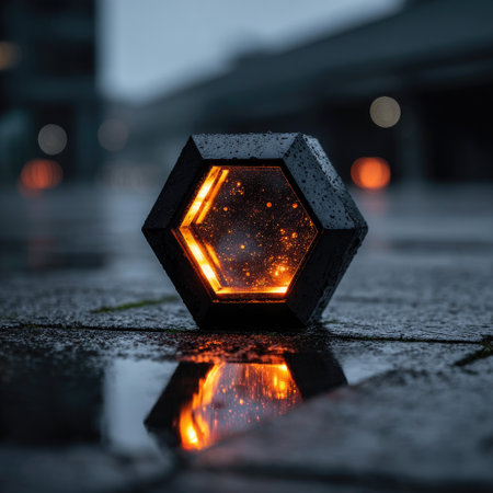 A close-up shot presents a black hexagonal lantern emitting a warm orange glow. Its reflective surface is emphasized on a wet, gray surface, suggesting an outdoor setting in wet conditions. The image features shallow depth of field, with soft focus on background elements. Suitable for various design projects and visual content creation.の素材