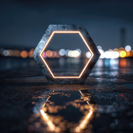 An illuminated hexagon shape is presented with a textured surface, set against an out-of-focus background of city lights. The image showcases a vibrant orange glow within the hexagonal form. The scene incorporates reflections, suggesting a wet surface. Suitable for concepts of technology or abstract design, this image offers a visually appealing aesthetic.の素材