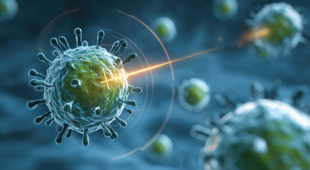This image showcases a close-up of virus cells, exhibiting intricate structures and luminous elements. The composition features a blue backdrop, enhancing the visual impact of the cells. Its technical style allows for various applications, including scientific illustrations and editorial content, without referencing specific diseases or locations.の素材