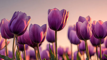 This image showcases a field of purple tulips in full bloom, illuminated by warm sunlight. The composition focuses on the flowers' petals, highlighting their texture and color. The lighting suggests an outdoor setting during the day, ideal for various commercial and editorial projects.の素材
