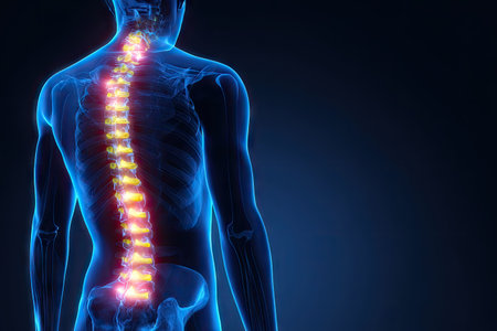 A medical illustration shows the human spine in a luminous, stylized representation. The spinal column is highlighted in a vibrant color against a blue body outline. The image utilizes digital effects, featuring glowing elements and a dark backdrop. The composition is suitable for scientific publications or healthcare-related projects.の素材
