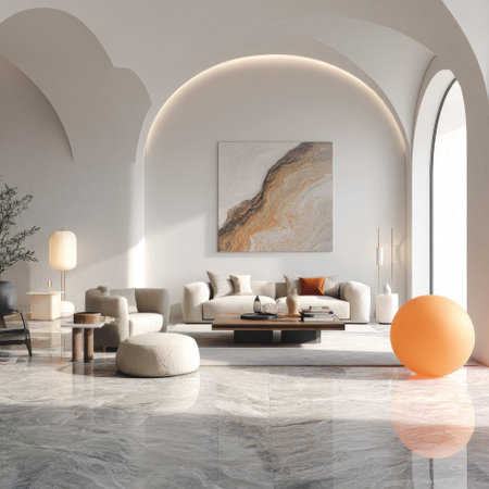 This interior showcases a modern living room featuring a neutral color palette. The scene includes a sofa, armchairs, and decorative elements. Natural light streams in, highlighting the textures of the marble floor and wall art. Ideal for illustrating interior design projects or concepts related to home decor.の素材
