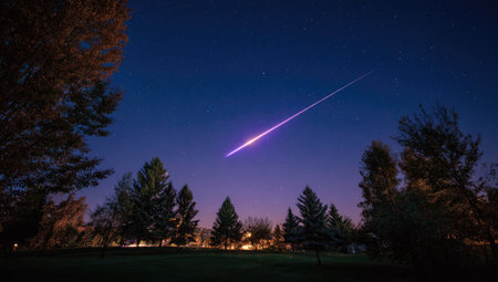 A nighttime scene features a bright streak of light across a dark blue sky, suggesting a meteor shower. The foreground shows silhouetted trees against the starry backdrop. The composition showcases a tranquil, outdoor setting, possibly during twilight. This image could be used for educational materials or astronomy-related publications.の素材