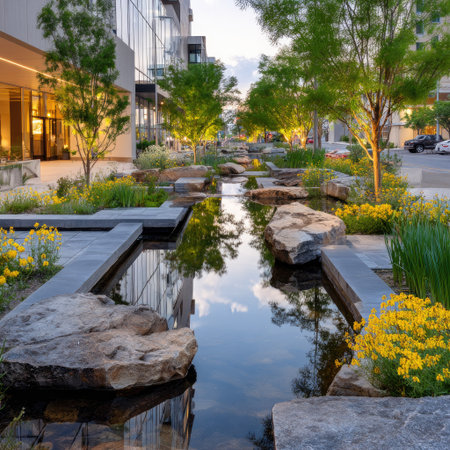 A tranquil water feature with stone elements and surrounding greenery is presented. The scene showcases reflective water surfaces, various plant life, and natural stone textures. The composition offers a balanced blend of natural and architectural elements. This image may be suitable for design, travel, or environmental content.の素材