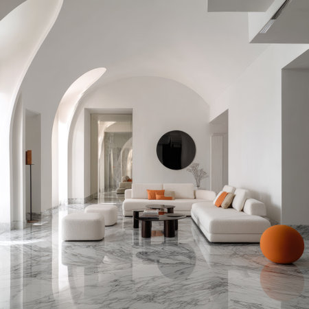 A bright, modern interior showcases a minimalist living space with clean lines and a monochromatic color scheme punctuated by orange accents. The room features a marble floor and white walls. The scene could be used for architectural concepts or lifestyle content, suitable for both commercial and editorial applications. The composition highlights space and light.の素材