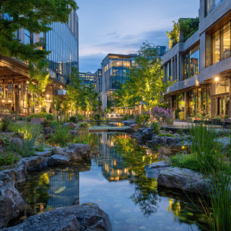 A tranquil urban scene showcases contemporary buildings surrounding a reflective pond. The architecture presents clean lines, complemented by lush greenery. The composition utilizes natural lighting, creating depth and highlighting textures. Suitable for various uses, this image captures the essence of modern cityscapes.の素材