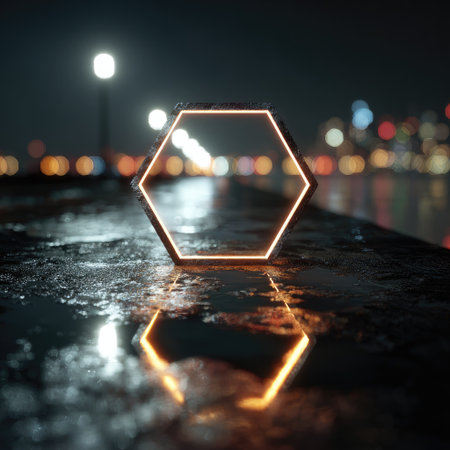 A glowing neon hexagon shape is displayed on a wet surface with its reflection visible. The image captures the scene at night, featuring street lights and blurred city lights in the background. The visual style uses a dramatic lighting scheme, potentially suitable for design, advertising, or conceptual projects.の素材