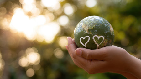 A hand cradles a globe decorated with two hearts, set against a softly blurred, natural backdrop. Warm tones and bokeh effects create a sense of depth. The image composition may be suitable for illustrating themes of love, environment, or global connection. It offers commercial potential for various projects.の素材