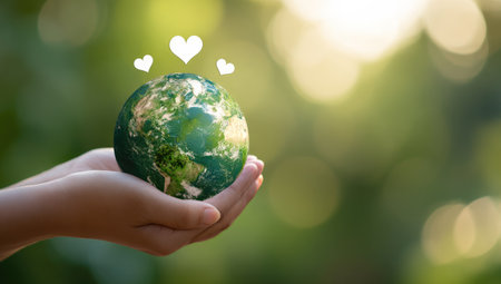 A person's hands cradle a globe, suggesting environmental care. The image features a bright, natural background. Soft focus and warm lighting enhance the scene's gentle and hopeful atmosphere. It could be suitable for campaigns related to sustainability, global issues, or social responsibility.の素材