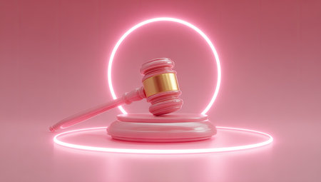 A pink gavel rests on its stand, centrally positioned against a vibrant, illuminated ring backdrop. The image showcases a smooth, glossy texture and a warm, inviting color palette. The composition may be suitable for legal, business, or conceptual projects. The bright lighting suggests an indoor studio environment.の素材