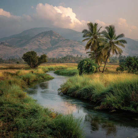 A river winds through a verdant landscape, framed by lush grasses and palm trees. Mountains rise in the background beneath a cloudy sky, suggesting a serene natural setting. The image uses a soft, natural lighting, and the composition directs the eye through the scene. Suitable for a range of editorial and commercial applications.の素材