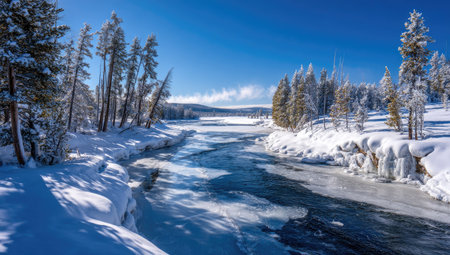 A scenic landscape showcases a frozen river meandering through snow-covered banks, flanked by evergreen trees. The composition is bright with crisp detail, enhanced by sunlight creating shadows. It evokes a cold winter atmosphere, suitable for various editorial and commercial applications. The photograph highlights the natural beauty of the environment.の素材