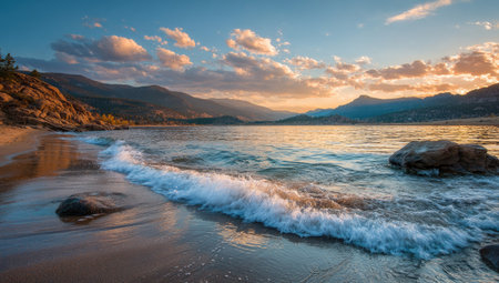 A scenic landscape showcases a lake meeting the shore under a dynamic sky. The image features a blend of warm and cool tones, with golden sunlight illuminating the water and clouds. The composition offers a sense of serenity suitable for various commercial and editorial applications.の素材