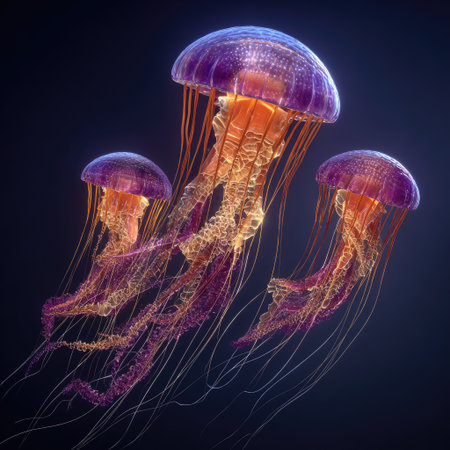 Three jellyfish float gracefully against a dark blue background, their bodies displaying vivid purple, orange, and yellow hues. Long, trailing tentacles add dynamic lines to the composition. The underwater scene, possibly lit by artificial light, may serve commercial purposes or be used in editorial content.の素材