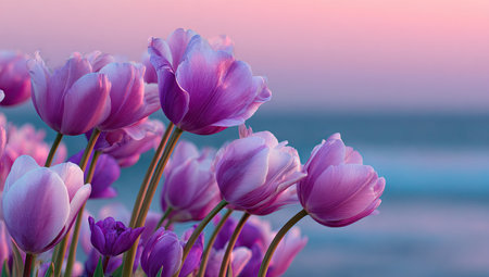 A cluster of purple tulips are captured in a close-up view, their petals displaying a range of violet hues. The image showcases soft, natural lighting, highlighting the delicate textures of the flowers. This composition could be used for various projects, including editorial content or commercial designs related to nature.の素材