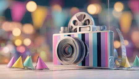 A detailed illustration depicts a classic camera with a colorful striped pattern, accompanied by a film reel. The scene showcases paper party decorations set against a soft, blurred backdrop. The image utilizes a shallow depth of field, suitable for advertising, creative projects, or editorial use.の素材