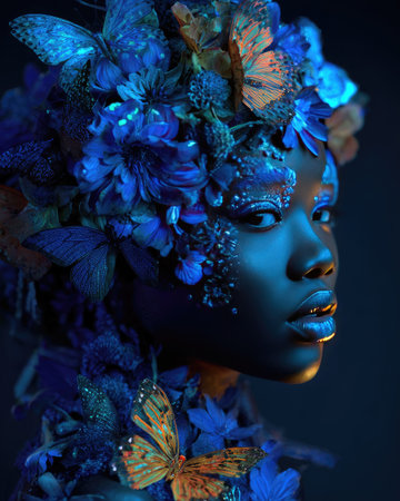 A striking portrait features a woman adorned with blue floral elements and butterflies, creating a fantasy aesthetic. The composition utilizes deep blues and golden accents, with dramatic lighting enhancing the details. This image is suitable for various editorial and commercial applications.の素材