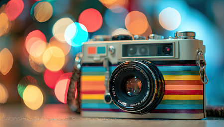 An old camera is the main subject in this image. Its colorful stripes and intricate details contrast with a blurred, multicolored bokeh background. The composition features a shallow depth of field, highlighting the camera. This image could be used for various projects needing a retro or creative theme.の素材