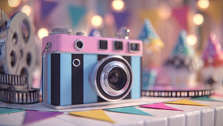 A retro-styled camera, featuring blue and pink panels, sits on a surface near a film reel. The scene is illuminated by soft lighting, and colorful bunting and a blurred bokeh effect create a festive backdrop. The image could be used for illustrations, websites, or advertising projects to convey themes of photography.の素材