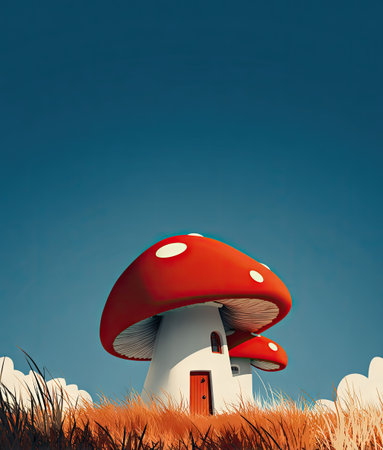 A vibrant illustration presents a mushroom house against a clear blue sky. The scene features a primary mushroom house and a smaller one. The artwork employs bright colors and stylized textures. This image could be suitable for various applications, including children's books, website design, or decorative prints.の素材