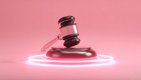 A wooden gavel rests on a circular base atop a glowing neon ring. The gavel is shown in a studio setting against a pink backdrop. The composition is likely intended for commercial use in legal and justice themes. The scene employs a minimalist aesthetic for visual clarity.の素材
