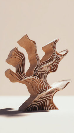 An abstract sculpture is presented with layered segments forming an organic shape. The artwork showcases a beige and brown color palette, with soft shadows and studio lighting. Its modern design suggests potential use in art projects, architectural presentations, or decorative displays.の素材