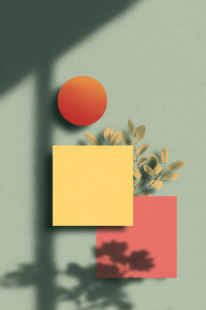 An overhead composition presents a mix of shapes and colors. A central yellow square is positioned with a red square and an orange circle. Green foliage and deep shadows create a contrast. This image is suitable for artistic, design, or conceptual applications.の素材