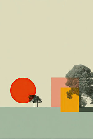 This image presents an abstract landscape featuring a bold red sun and geometric shapes. Two trees are also placed in the composition. The artwork showcases a pastel color palette and a clean, minimalist style. This visual could be utilized for various commercial and editorial applications, such as website design or print materials.の素材