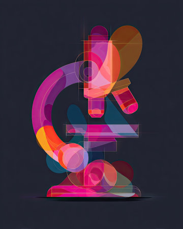 An artistic depiction presents a microscope in a vibrant array of colors. The illustration showcases a unique composition with transparent and overlapping shapes and a dark background. The image has a clean aesthetic and could be suitable for scientific, educational, or conceptual design projects.の素材
