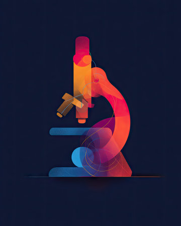 An abstract illustration presents a microscope rendered in vibrant colors against a deep blue background. The artwork utilizes gradients and overlapping shapes to create depth and visual interest. Suitable for educational materials, scientific publications, or conceptual design projects. The design style is modern and graphic.の素材
