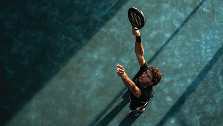 An athlete is captured from above while playing paddle tennis. The image displays a player raising their arm with the racket. The composition emphasizes the overhead perspective, and the colors are vibrant, enhanced by natural lighting. Ideal for sports editorials and promotional materials, this image could serve various commercial applications.の素材