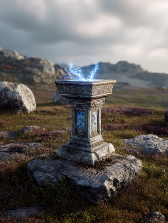 An imposing stone altar stands prominently in a natural outdoor setting, emitting vibrant blue energy. The composition features a detailed architectural style, complemented by a rocky foreground and distant rolling hills beneath a cloudy sky. This image is suitable for various commercial purposes, including fantasy-themed projects or conceptual illustrations.の素材