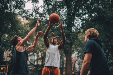 Three young men play basketball in an outdoor setting. The central figure is poised to shoot, ball overhead, while others watch. The composition highlights the dynamic interplay between the players. The lighting is natural with a slightly overcast feel, suitable for editorial and commercial use.の素材
