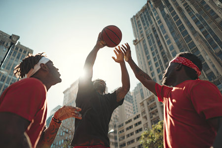 Three individuals are engaged in a basketball game, with one poised to shoot the ball. They are wearing athletic attire against a backdrop of tall buildings, and bright sunlight is prominent. The composition emphasizes action and teamwork, suitable for various editorial and promotional applications.の素材
