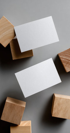 Two white rectangular cards float above a gray surface with several wooden blocks of varying sizes. The composition features a neutral color palette with natural textures. This setup suggests a minimalist aesthetic suitable for business branding or visual presentations. It is suitable for commercial uses.の素材