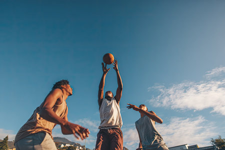 Three individuals engage in an outdoor basketball game, their movements captured against a vibrant blue sky. They wear athletic attire, with a warm color palette created by sunlight and shadows. The composition provides copy space suitable for diverse commercial applications and general editorial use.の素材