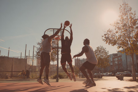 Three individuals are engaged in a basketball game on an outdoor court. The image shows the players jumping towards the hoop with the ball in mid-air. The composition is set against a sunny sky, with warm tones and backlighting. Suitable for sports and lifestyle illustrations, and for editorial use.の素材