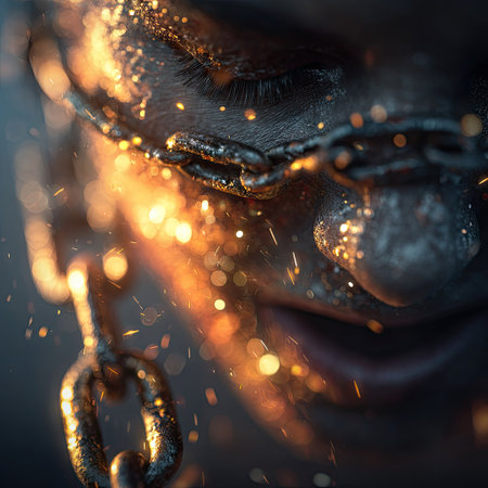 This image features a close-up of a human face with an ornate chain element. The composition highlights textures and intricate details. Warm, dynamic lighting and bokeh effects illuminate the subject. Suitable for artistic concepts, editorial use, and design projects where compelling visuals are needed.の素材